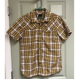 Prana Yellow and Brown Plaid Casual Button Down Shirt